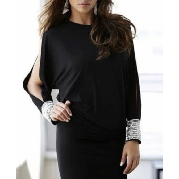 VS Moda International Women's Black beaded open back & arm stretch dress Medium - Picture 1 of 12